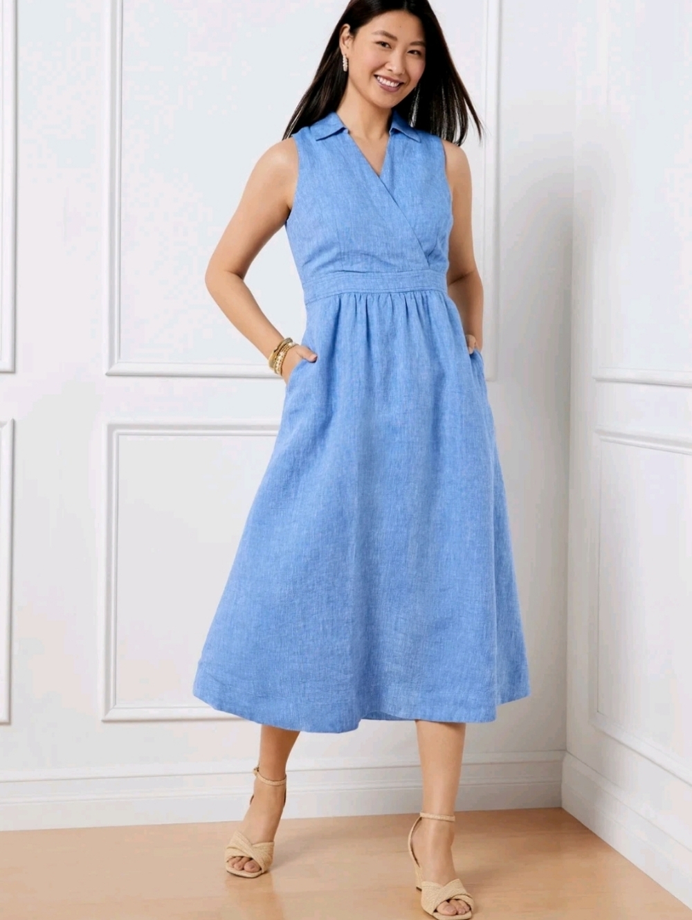 Talbots Sleeveless Linen Faux Wrap Midi Dress 16W Blue